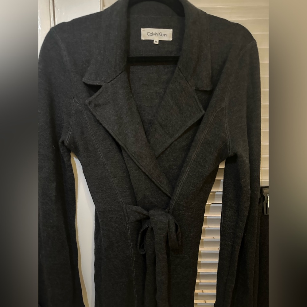 Calvin Klein Charcoal Gray Elevated Belted Wool Cardigan and Skirt set